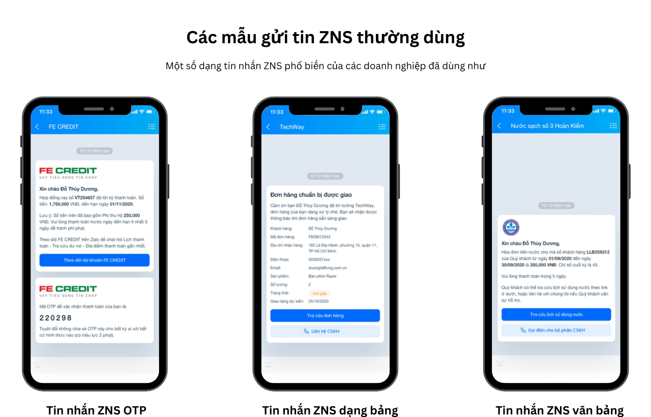 Các loại tin nhắn ZNS phổ biến
